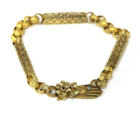 A Regency gold long chain,shortened to a necklace, bracelet and section of spare links, with hollow pierced rectangular links