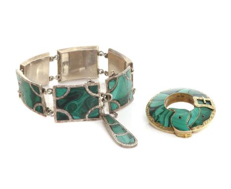 A Victorian silver malachite bracelet,composed of a series of arched rectangular plaques, hinged with sections of malachite, 