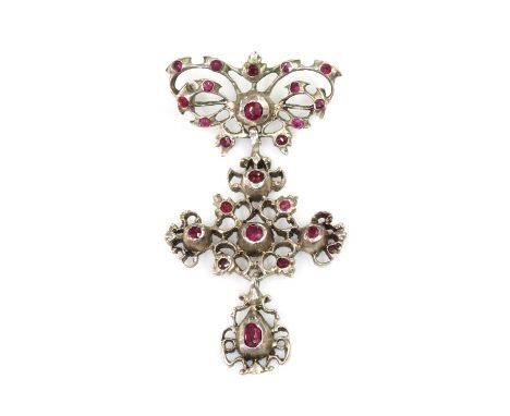 A Georgian ruby set pendant,with an open bow surmount and articulated pendant drop. Set throughout with oval and circular fac