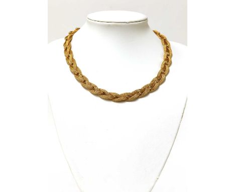 An Italian three row plaited mesh link necklace, c.1960,with applied polished gold beads to the tops, with a concealed box cl