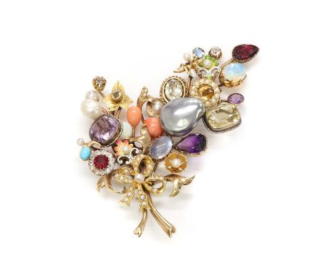 A pearl, diamond, coral and gemstone and enamel spray brooch, c.1950,composed of 19th and early 20th century stick pins and j