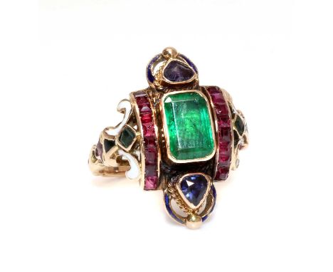 A French Renaissance Revival style gemstone and enamel ring,with an emerald cut emerald, rub set to the centre. An arched ban