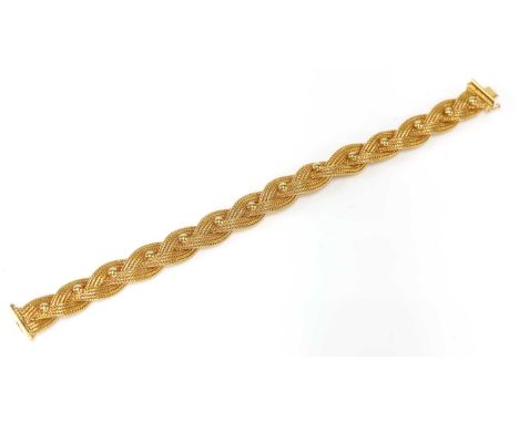 An Italian three row plaited mesh link bracelet, c.1960,with applied polished gold beads to the tops, with a concealed box cl
