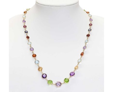 A gold assorted gemstone rivière necklace, with a series of slightly graduated oval mixed cut assorted gemstones, to include 