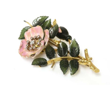 A diamond nephrite jade and enamel dog rose brooch, c.1950,of naturalistic form. A pink enamel dog rose blossom, with brillia