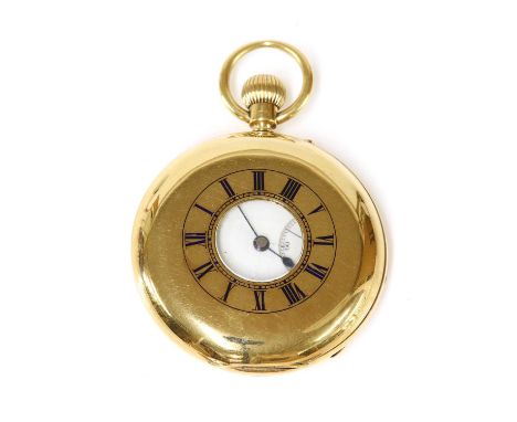 An 18ct gold side wind half hunter pocket watch,with a 48.50mm case. A plain front cover with royal blue enamel Roman numeral