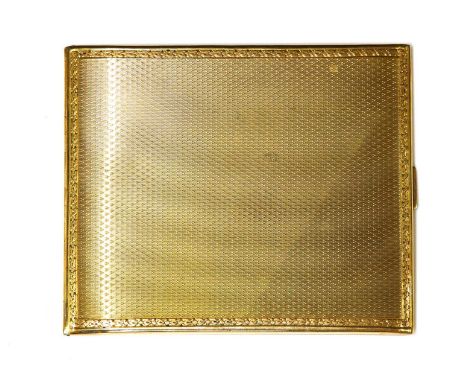 A 9ct gold rectangular cigarette case, by Adie Brothers Ltd.,with an engine turned fox head pattern decoration. A hand engrav