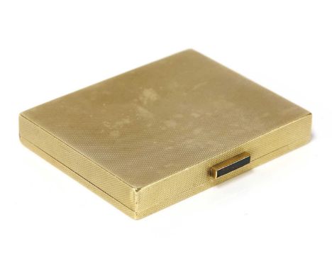 A 9ct gold rectangular powder compact, by Asprey, c.1950, with engine turned decoration to all sides. Hand engraved stylised 