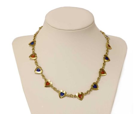 A gold enamel heart link necklace,with a series of heart plaques, each one with a plique-à-jour enamel centre in blue or oran