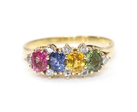 An 18ct gold sapphire and diamond ring,with four oval mixed cut sapphires in green, yellow, blue and pink, claw set in a row.