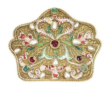 An Indian silver gilt pearl and gemstone set brooch,with a filigree ground. Circular faceted garnets in rubover collets with 