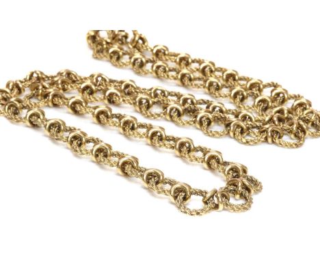 A 9ct gold twisted wire and knot style necklace, c.1970,with rope or twisted curb style hoop links, with plain polished knot 