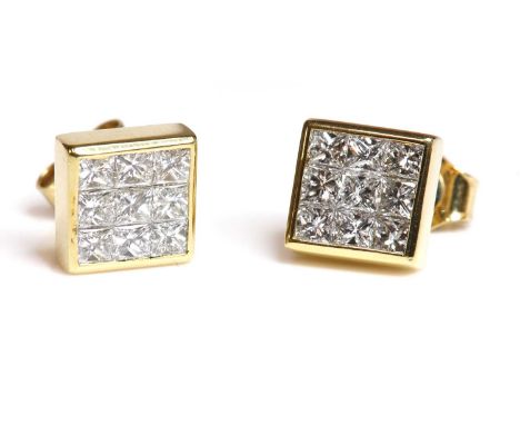 A pair of nine stone princess cut diamond square cluster earrings,with a grid layout of invisibly set diamonds to an outer ru
