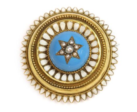 A Victorian gold split pearl and enamel circular shield form brooch, c.1860,with a bombé centre, with a split pearl star to a