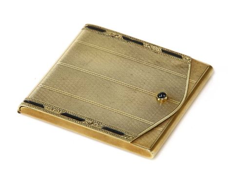 A Continental gold match book case, of envelope form, with engine turned decoration and black enamel border, to cabochon sapp