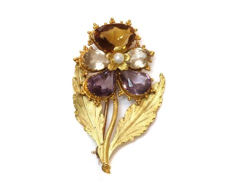 A Regency seed pearl, citrine, quartz and amethyst pansy brooch, c.1820-1830,with graduated pear cut gemstone petals, with a 