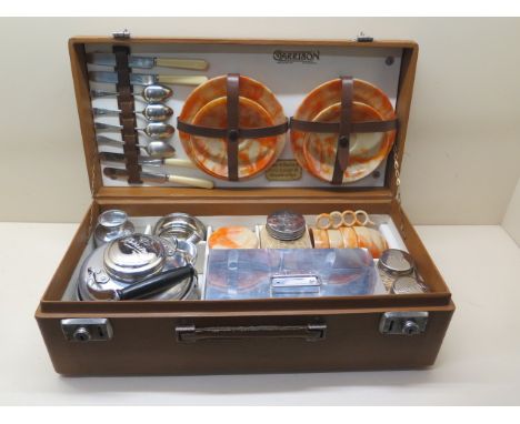 A vintage Garrison picnic hamper Automobile 'En Route' set for four with original cutlery and Bandaslasta cups saucers and pl