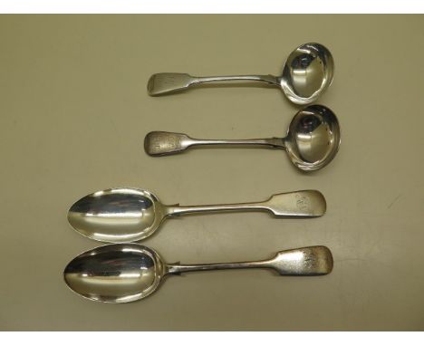 A pair of Georgian silver ladles, 18cm long, London 1821/22 R.P and a pair of Walker and Hill tablespoons, 22cm long, Sheffie