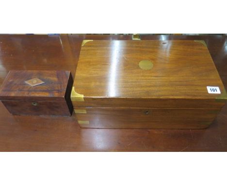 A Victorian brass cornered mahogany writing slope, 16cm x 40cm x 24cm, and a small caddy 