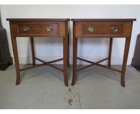 A pair of new burr wood lamp tables each with a drawer on splayed legs united by cross stretchers, made by a local craftsman 