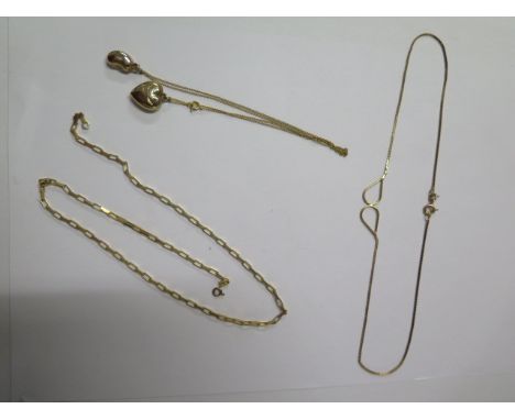 A 9ct yellow gold chain 45cm long, a 9ct necklace 40cm long and a plated necklace with a heart and a bean pendant, total appr