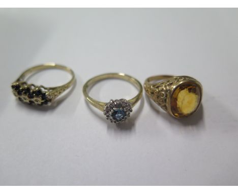 Three 9ct yellow gold hallmarked rings, sizes K/O/Q, approx 9.5 grams, some abrasions to citrine otherwise generally good 