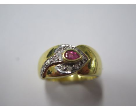 An 18ct 750 yellow gold ruby and diamond ring, size P, approx 6.7 grams, minor usage marks generally good 