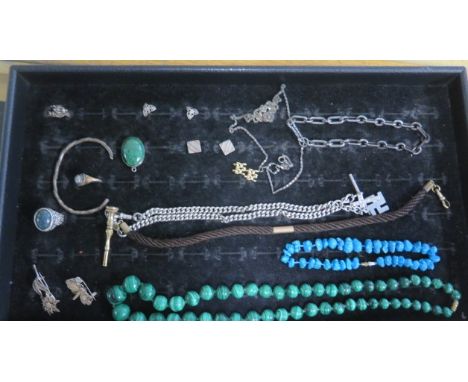 A malachite necklace, assorted silver and other jewellery including a silver watch chain 