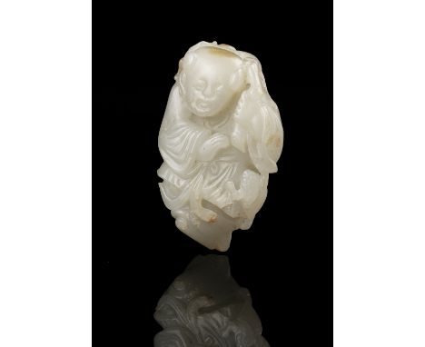 A WHITE AND RUSSETS JADE CARVING OF A HOHO / HEHE / ERXIAN / 和合二仙 China  The boy is depicted grasping a branch of pomegranate