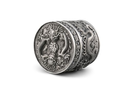 A CHINESE EXPORT SILVER 'FU LU SHOU AND DRAGONS' TEA CADDY China, circa 1900 Chiselled with dragons and with Chinese ideogram
