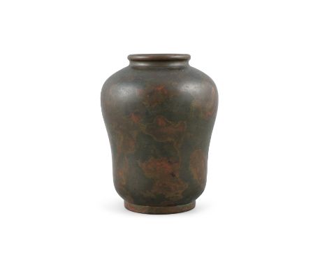 A BROWN-PATINA AND ORANGE ACCENTS BRONZE VASE China or Japan  The below bearing an unidentified mark reading as follows 則正. H