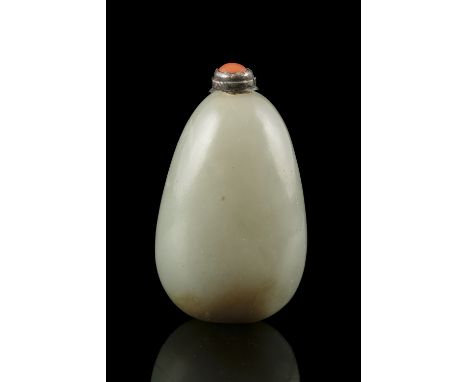 *A WHITE JADE PEBBLE SNUFF BOTTLE China, Qing Dynasty, 19th century With a stopper set with a red coral cabochon.  H (without