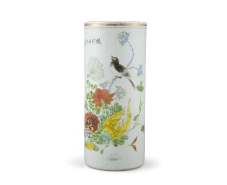 A QIANJIANG CAI 'BIRD AND SANDUO' PORCELAIN ROULEAU VASE China, Republican / Minguo period Adorned in vivid colours with a bi