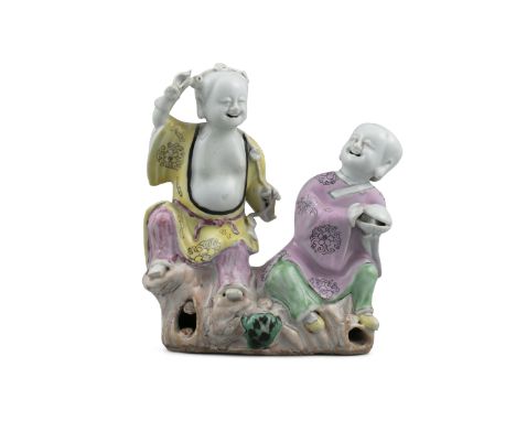 A LARGE FAMILLE ROSE 'HEHE / ERXIAN / 和合二仙' FIGURAL GROUP China, Qing Dynasty, Qianlong period  Decorated in the famille rose