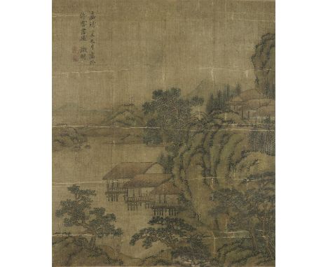 CHINESE SCHOOL, SIGNATURE OF WEN ZHENGMING 文徵明 (1470-1559) Mountains and river landscape with stilt houses and daoist scholar