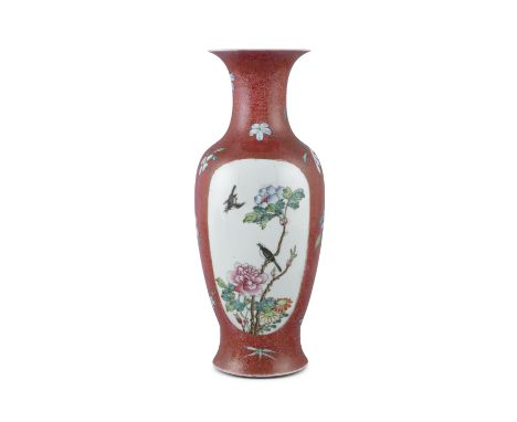 A SGRAFFIATO RUBY GROUND 'MAGPIES' PORCELAIN BALUSTER VASE, FENGWEIZUN China, Second half of 20th century Adorned in the fami