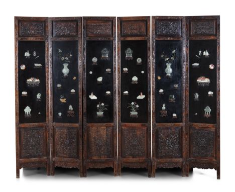 *A HARDSTONE AND JADE INLAYS SIX LEAF WOODEN FOLDING FLOOR SCREEN China, Qing Dynasty, 19th century Each leaf is carved ident