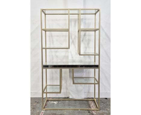 ETAGERE, 1970's French style, gilt metal and glass with central mirrored shelf, 100cm x 40.5cm x 179.5cm approx.