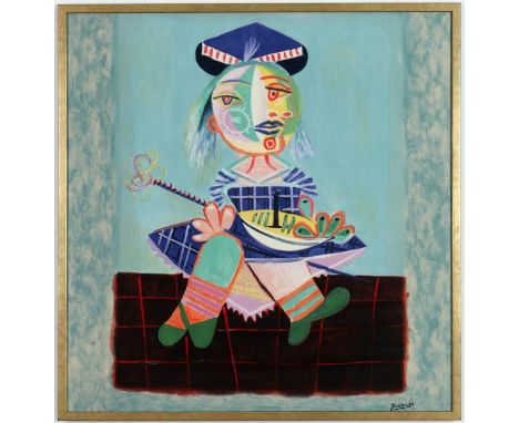 AFTER PABLO PICASSO MAYA – (Picasso’s daughter) Print on cotton, signed in the plate 66 x 66 cm.