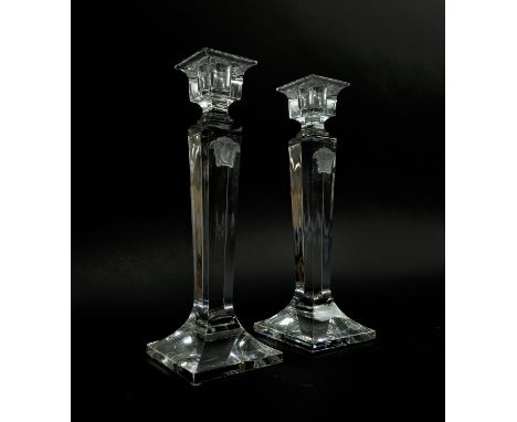 VERSACE ROSENTHAL GLASS CANDLESTICKS, a pair, square form, signed to bases, 25cm H. (2)