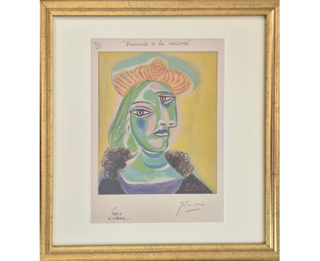 PABLO PICASSO, 'Femme a la Resille' lithograph, with signature and stamp, framed.