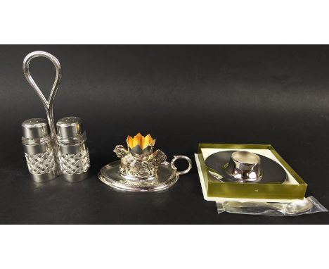 CHRISTOFLE EGG CUP AND SPOON, boxed, a topazio silver-plated egg cup and accompanying topazio salt and pepper pop duo. (3)