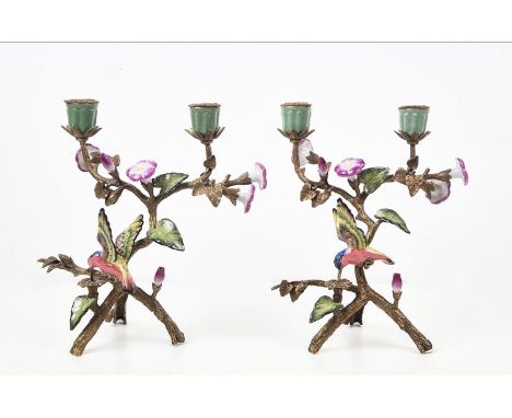 HUMMING BIRD AMONGST FLORAL DISPLAY CANDELABRA, a pair, glazed ceramic and gilt metal, 25.5cm H approx. (2)