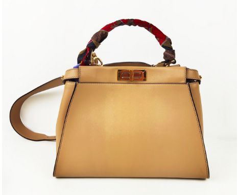 FENDI PEEKABOO MEDIUM BAG, beige leather, with a suede striped interior, with two internal compartments divided by a stiff pa