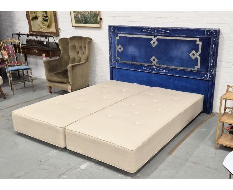 HEADBOARD, in blue velvet with studded detail, 196cm x 132cm H along with two Vispring bed bases.