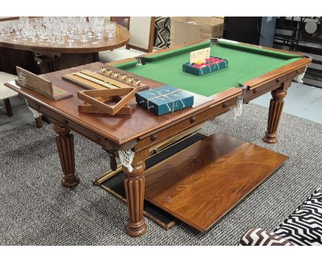 SNOOKER DINING TABLE, mahogany, scoreboard and cues, etc, 112cm W x 202cm L x 79cm H.