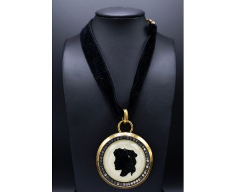LANVIN VINTAGE NECKLACE/BROOCH, with Jeanne Lanvin silhouette surrounded by crystals, with velvet and bronze metal tone chain