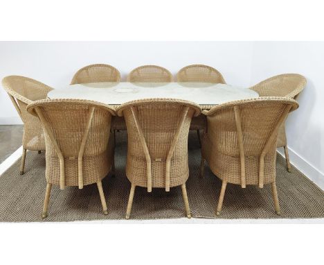 LLOYD LOOM GARDEN DINING TABLE, 100cm D x 200cm L, and eight chairs, bears plaques. (9)