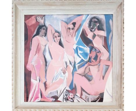 PABLO PICASSO, 'Les demoiselles d'Avignon', on silk, 51cm x 52cm, French Montparnasse frame.