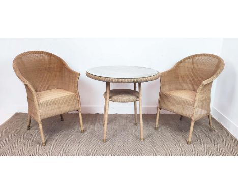 LLOYD LOOM TABLE, 80cm W and two chairs, bears Lloyd Loom plaque.